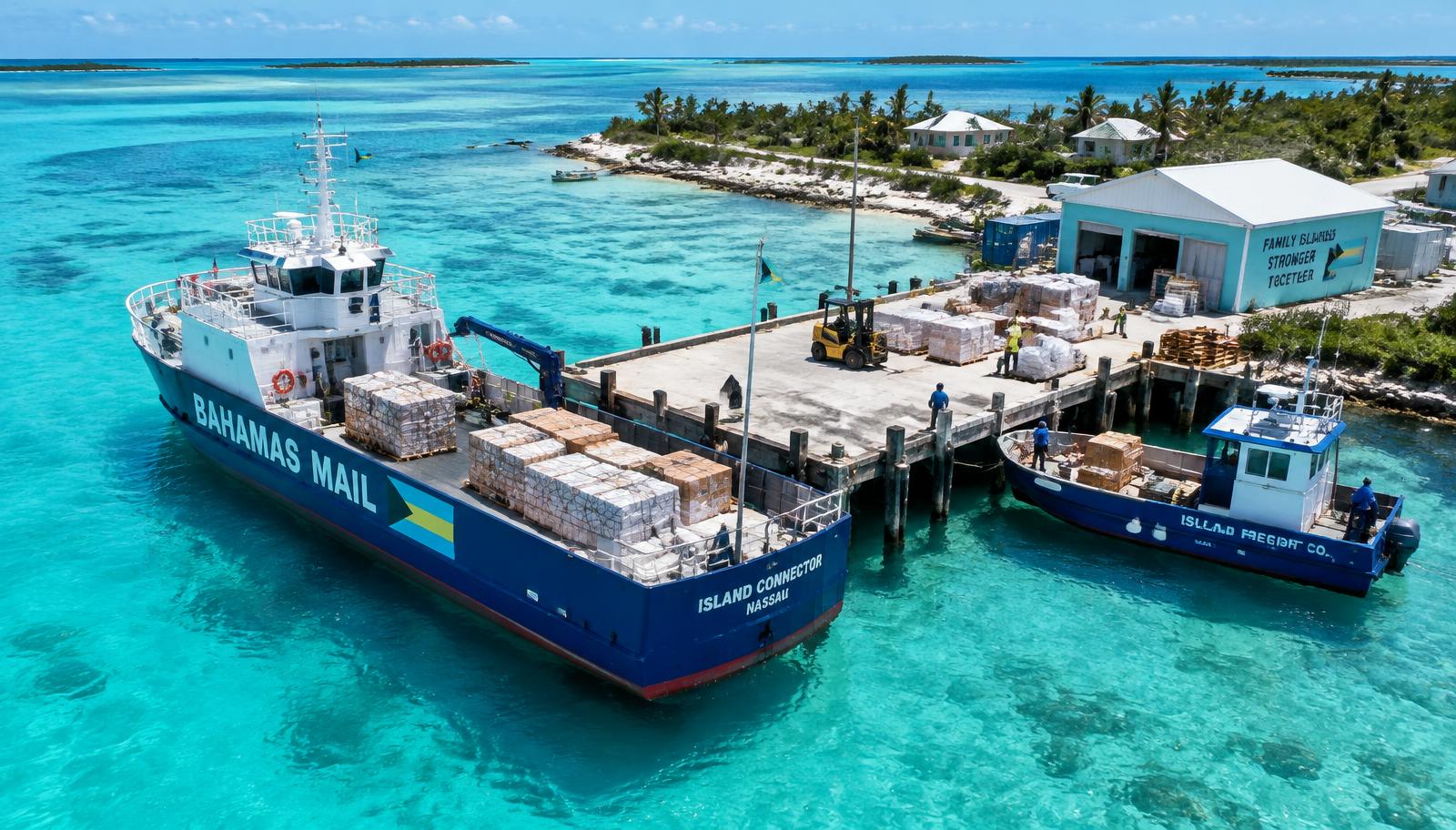 Freight vessel unloading pallets at a Family Island dock